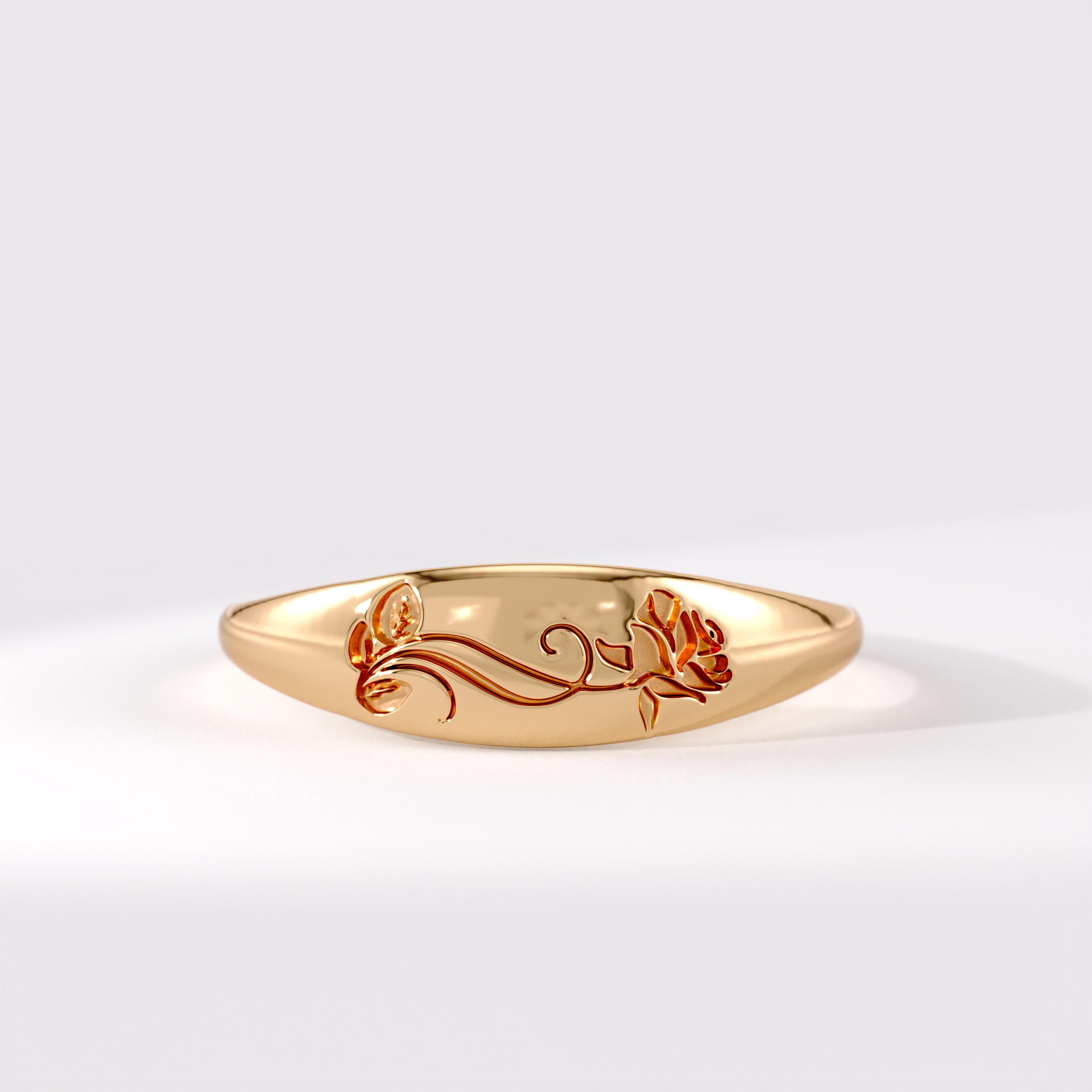 14k Solid Gold Birth Flower Signet Ring, 10k Personalized Engraved