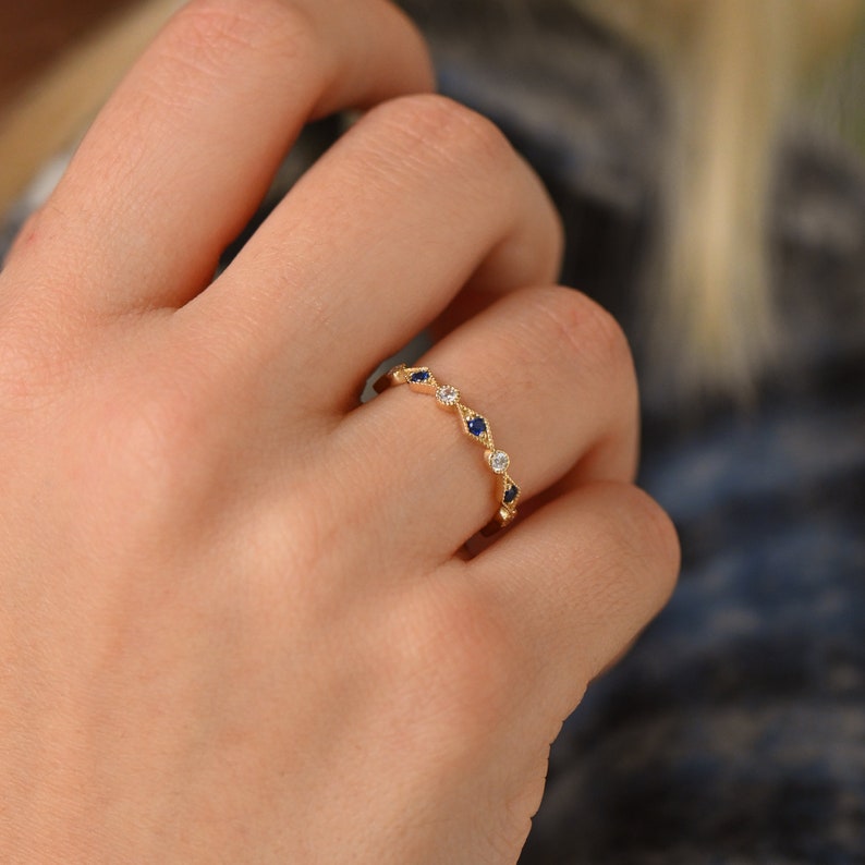 Sapphire and Diamond Wedding Band, 14k Gold Art Deco Ring, Solid Gold Sapphire Stacking Ring, Vintage Design Gold Ring, Women Sapphire Ring image 6