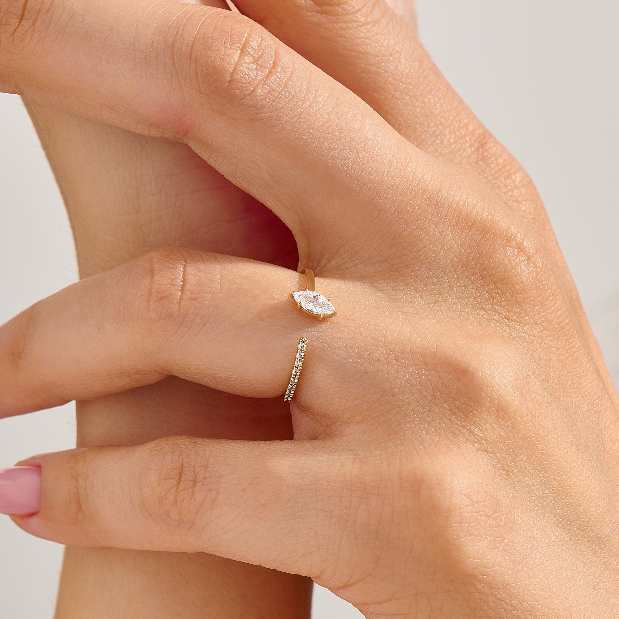 Open Diamond Ring 14k Solid Gold Marquise Ring for Women Dainty Half Eternity Ring Pave Diamond Cuff Ring Unique Jewelry Gifts for Her