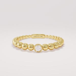 14K Solid Gold Beaded Diamond Ring, Minimalist Solitaire Diamond Ring, Dainty Gold Stacking Ring, Bubble Band Ring, Anniversary Gift