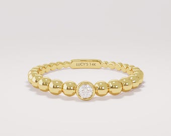 14K Solid Gold Beaded Diamond Ring, Minimalist Solitaire Diamond Ring, Dainty Gold Stacking Ring, Bubble Band Ring, Anniversary Gift