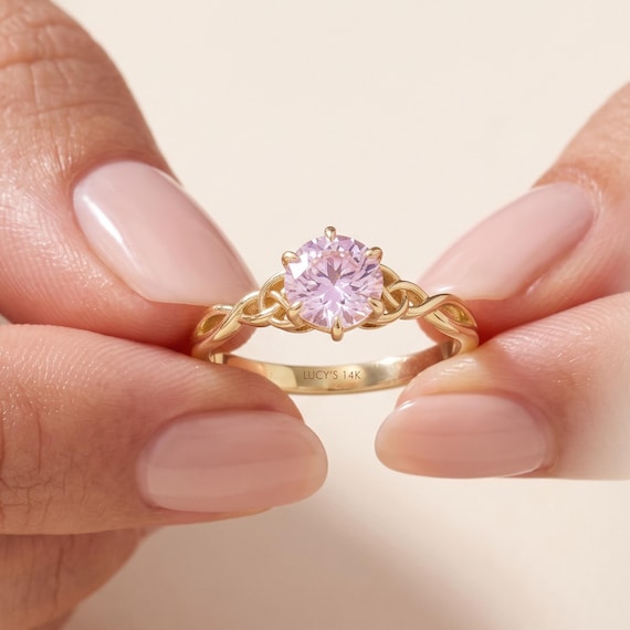 Morganite Engagement Ring 14K Solid Gold Celtic Knot Ring Round Pink Morganite Ring for Her