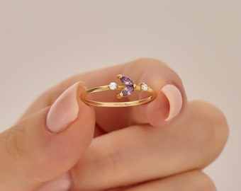 14k Amethyst Flower Ring, Lavender Leaf Thin Stacking Ring, Solid Gold Dainty Wedding Ring Women, Minimalist Floral Ring, Handmade Jewelry