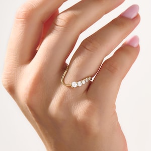 Diamond Wave Ring, Solid Gold Curved Wedding Band, Deep Curve Ring, Diamond Arch Ring, Solitaire Enhancer for Engagement Ring