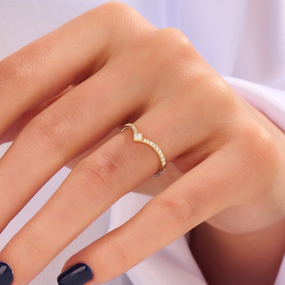 Diamond Curved Square Wedding Ring 14k 18k 10k Solid Gold Curved