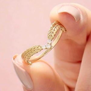 Solid 14K Gold Floral Wedding Band, Diamond Wishbone Stacking Ring for Women