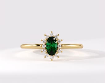 14k Solid Gold Emerald Halo Ring – Dainty Promise Ring for Women