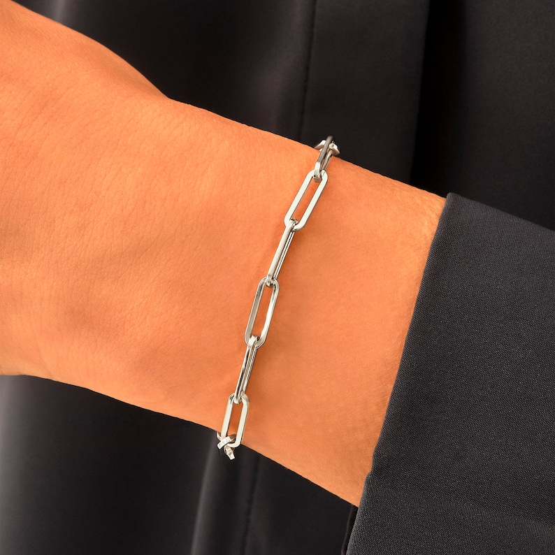 14k Solid Gold Link Chain Bracelet Paper Clip Chain Bracelet Etsy