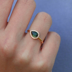Pear Emerald Halo Ring 14k 10k 18k Solid Gold East West Emerald Ring Teardrop Green Engagement Ring Unique Solitaire Ring with Diamond image 7