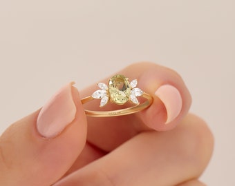 14k Olivgrün Saphir Blumenring, Solid Gold Einzigartige Verlobungsring, hellgrüner Edelstein Ring, Floral Angst Ring, handgemachter Schmuck