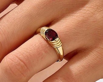 14K Solid Gold Garnet Signet Ring Chunky Oval Red Stone Statement Ring