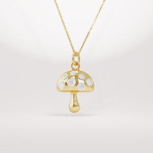 14k Solid Gold Lab Diamond Mushroom Pendant Necklace, Tiny Plant Charm for Women, Small Unique Nature Jewelry, Dainty Gold Gift Necklace
