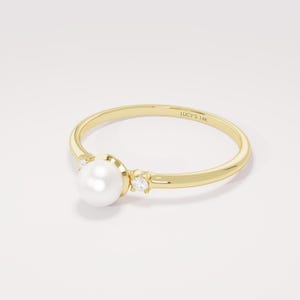 14k Solid Gold Pearl Engagement Ring with Tiny Diamond Dainty Freshwater Pearl Ring Minimalist Stacking Gift Handmade Jewelry for Her