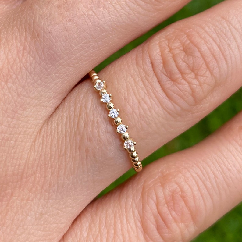 Beaded Thin Ring Enhancer Women Mini Ball Diamond Ring 14k Solid Gold Stackable Wedding Ring Minimalist Dot Pointer Finger Ring image 7