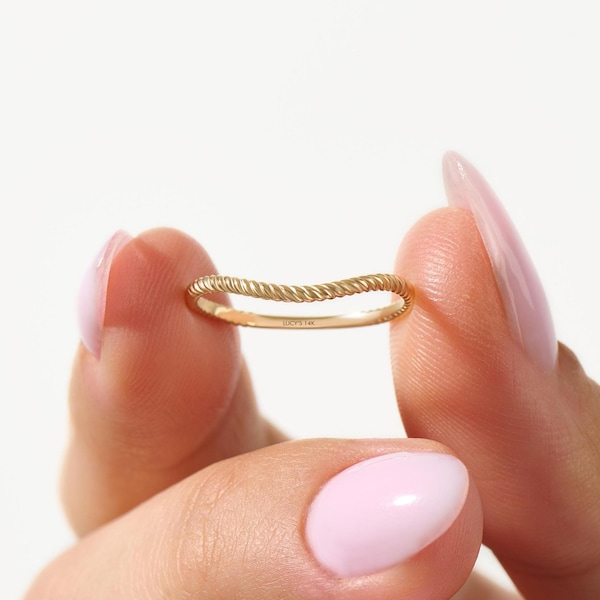 Anillo de bodas curvo de oro macizo de 14 quilates para mujer, anillo apilable con diseño de cuerda trenzada, minimalista