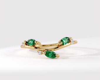 Emerald Leaf Wedding Ring | 14k Solid Gold Botanical Vine Ring | Marquise Cut Green Gemstone Ring with Diamond | Dainty Stacking Ring Women