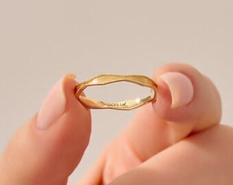 Textured Wedding Band, 14k Solid Gold Marriage Band Women, Unique Minimalist Milgrain Line Ring, Dainty Slim Stacking Enhancer, Handmade