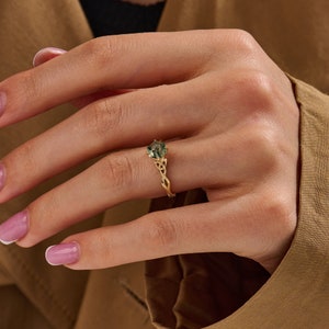 14 Kt Hexagon Moosachat Ring, Solid Gold Solitaire Jubiläumsring, Irischer Knoten Versprechensring, Aquatic Green Kristall Versprechensband Bild 3