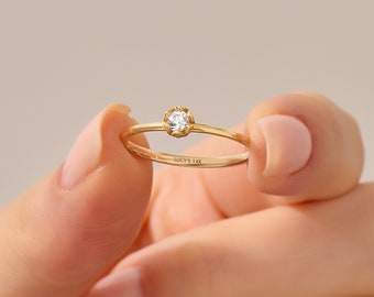 Diamond Minimalist Engagement Ring 14k Solid Gold Dainty Solitaire Ring Tiny Diamond Promise Ring Women Thin Wedding Bridal Band Ring