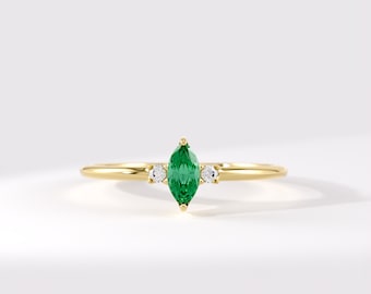 14K Solid Gold Marquise Emerald Ring, Dainty Green Gemstone Solitaire, Minimalist May Birthstone Jewelry for Women, Emerald Anniversary Gift