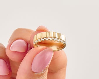 Moissanite Wedding Band, 14k Gold Pave Moissanite Ring, Solid Gold Half Eternity Ring, Women Thick Band Rings