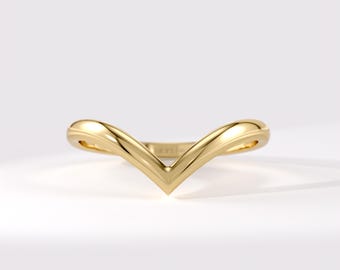 14-karätiger Goldring in Form eines Wunschknochens, V-förmiger Ehering, zierlicher Stapelring, minimalistischer Goldring, Jahrestagsgeschenk für Sie