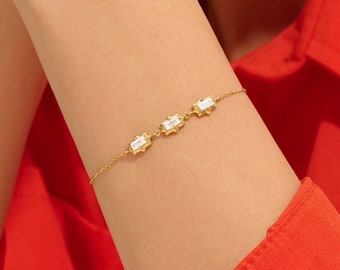 Baguette Diamond Bracelet, 14k Gold Simple Chain Bracelet, 0.60ctw Diamond Bracelet, Solid Gold Elegant Bracelet, Womens Dainty Bracelet