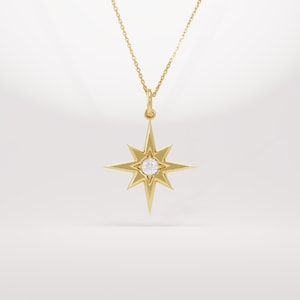 Diamond North Star Pendant, 14k Solid Gold Celestial Necklace, Dainty Compass Star Charm, Minimalist Gift for Her, Star Jewelry Gifts