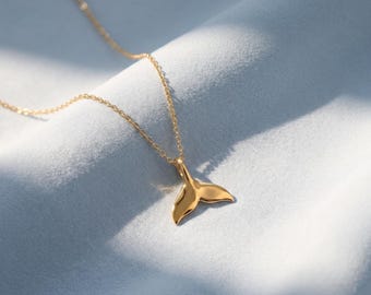 Mermaid Tail Necklace, 14K Solid Gold Ocean Inspired Necklace, Minimal Whale Tail Charm Necklace, Petite Gold Jewelry, Gift For Her