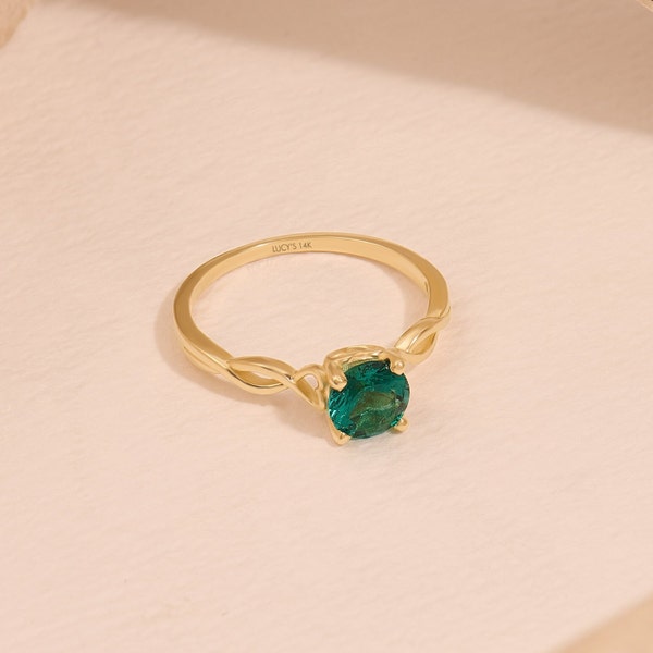 14k Gold Arctic Green Solitaire Ring, Solid Gold Love Knot Promise Ring,  Womens Emerald Gemstone Ring,Braided Band Proposal Engagement Ring