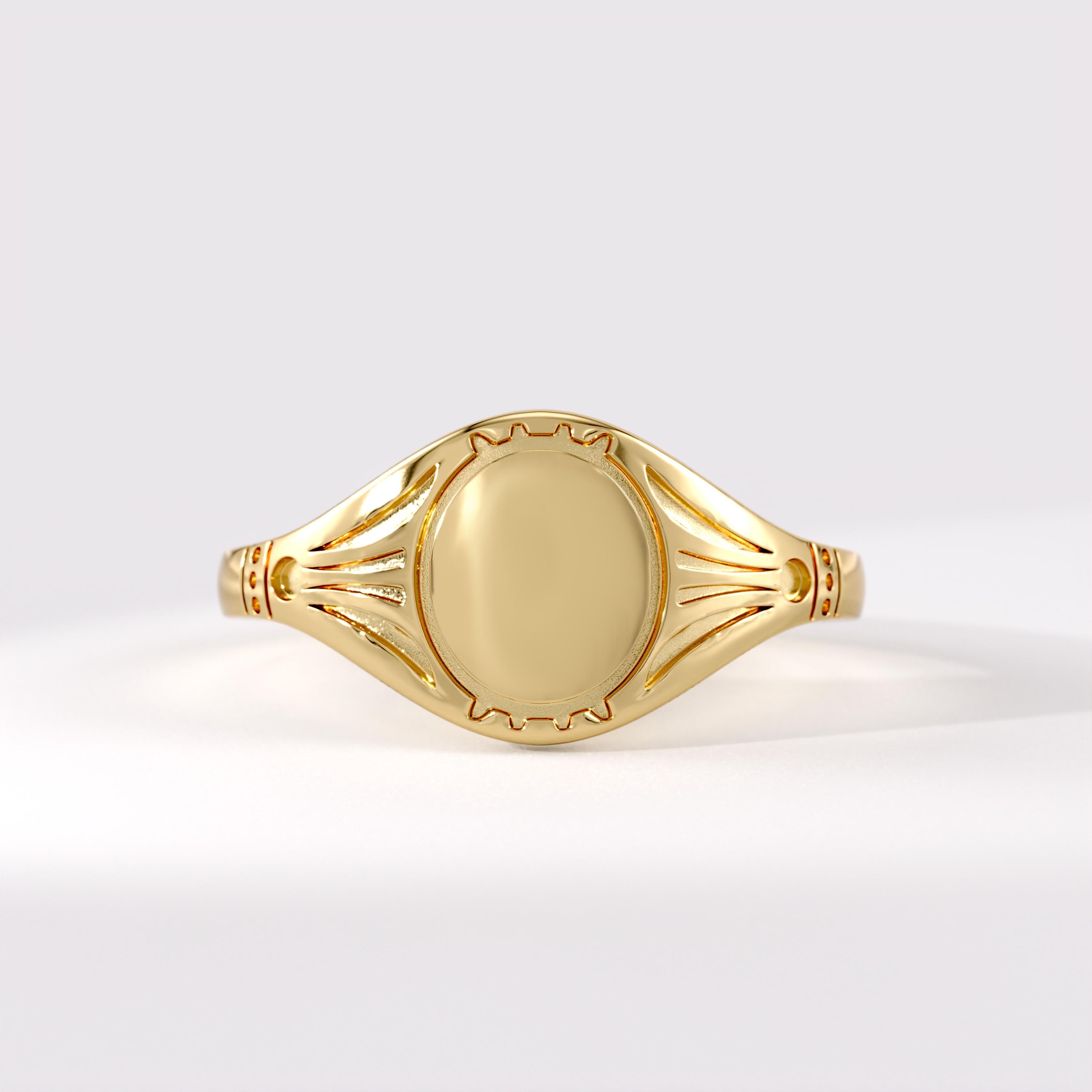 14K Gold Signet Ring, Antique Oval Pinky Ring for Women, Vintage