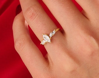 Diamant Marquise Schliff Verlobungsring | Lotus Inspiriert Vintage Solitaire Ring Frauen | 0,7ct Jubiläumsring mit 5 Steinen in 10k 14k 18k Gold
