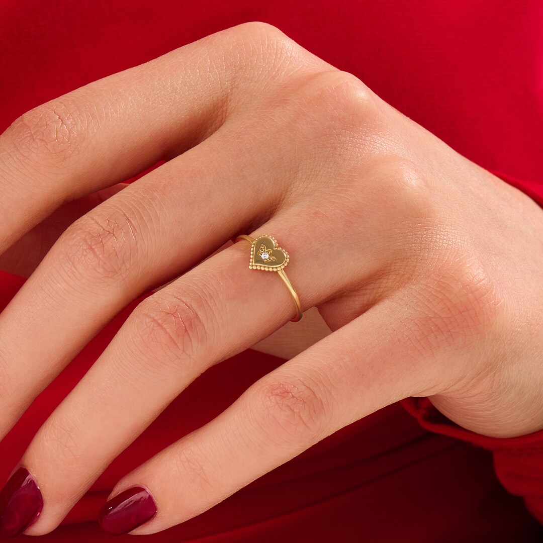 Diamond Royal Crown Heart Ring 14k Solid Gold Minimal Statement Ring