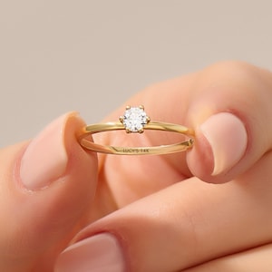 Anillo solitario de diamante de oro macizo de 14 quilates, redondo, delicado, de compromiso, alianza de joyería para mujer.