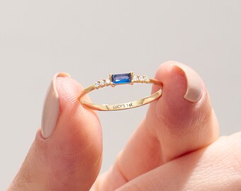 14k Gold Baguette Sapphire Ring, Solid Gold Sapphire Engagement Ring Women, Dainty Birthstone Ring, Blue Stacking Ring Sapphire Diamond Ring