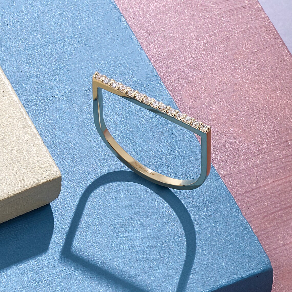 14k Solid Gold Diamond Flat Bar Ring Dainty Diamond Bar Ring Etsy