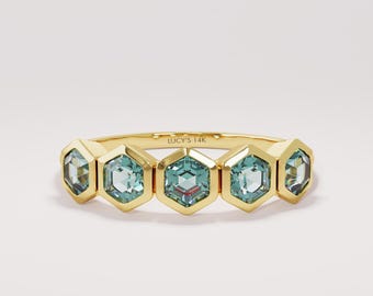 Teal Sapphire Wedding Ring, 14K Solid Gold Bezel Hexagon Band, Half Eternity Blue Green Gemstone Band, Dainty 5 Stone Rings for Women