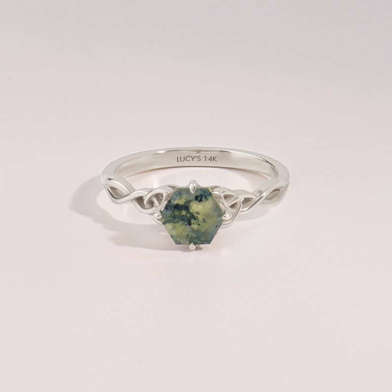 14 Kt Hexagon Moosachat Ring, Solid Gold Solitaire Jubiläumsring, Irischer Knoten Versprechensring, Aquatic Green Kristall Versprechensband Bild 6