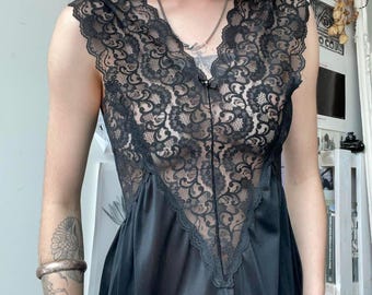Kasara vintage black satin lace-panelled 70s slip