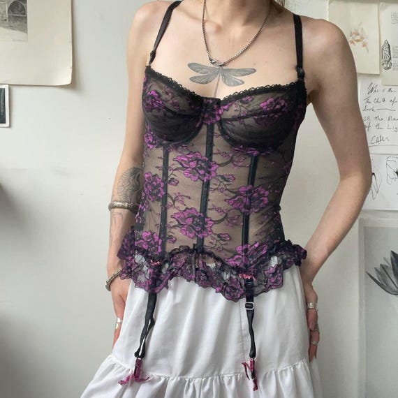 Undercoverwear Vintage Late 70s Black & Pink Garter Corset Top - Etsy
