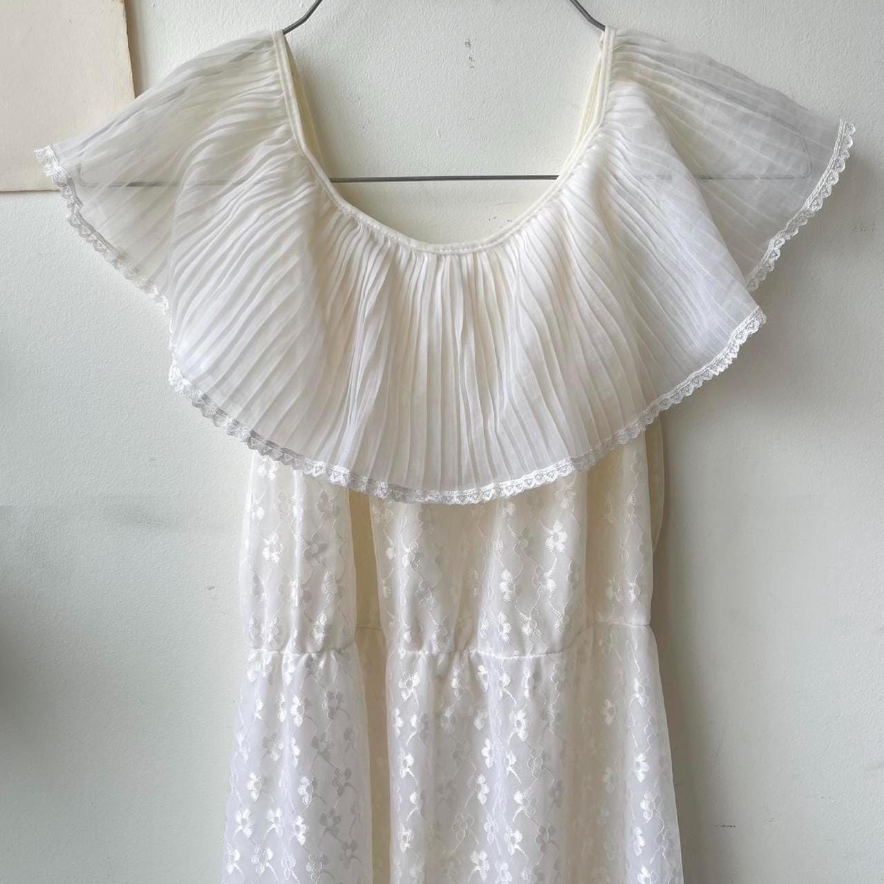60s white vintage frill-collared sheer maxi gown