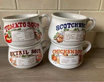 Set of 4 x Vintage Retro 1970’s Ceramic Recipe Soup Mugs