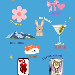 以下が含まれることがあります： 青い背景に「if you were a...」というテキストと、その下にさまざまな画像とテキストがあります。画像には、ピンクの花、茶色のウサギ、山脈、寿司ロール、マティーニグラス、ピンクのリボン、ピンクのハート、ハートの女王のトランプ、カップのエースのタロットカードが含まれています。画像の下のテキストには、「色」、「動物」、「花」、「季節」、「飲み物」、「食べ物」、「タロットカード」、「トランプ」という単語が含まれています。