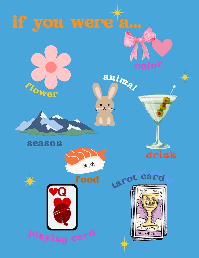 以下が含まれることがあります： 青い背景に「if you were a...」というテキストと、その下にさまざまな画像とテキストがあります。画像には、ピンクの花、茶色のウサギ、山脈、寿司ロール、マティーニグラス、ピンクのリボン、ピンクのハート、ハートの女王のトランプ、カップのエースのタロットカードが含まれています。画像の下のテキストには、「色」、「動物」、「花」、「季節」、「飲み物」、「食べ物」、「タロットカード」、「トランプ」という単語が含まれています。