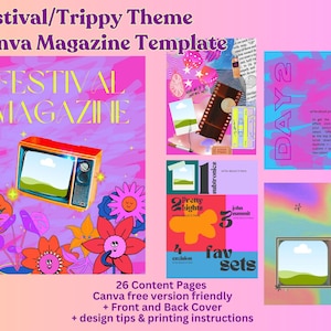 Festival/Trippy Theme Magazine CANVA template DIY Presente de aniversário exclusivo e personalizável para melhor amiga, irmã, namorada, mãe. Cartão de aniversário