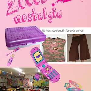 May include: A collage with a pink background featuring 2000s nostalgia elements. Includes a purple pencil box, a pink flip phone, a camouflage t-shirt, brown pants, and star-shaped hair clips. The text "2000s nostalgia" is also present.