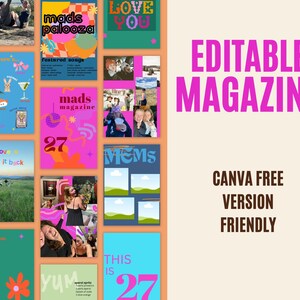 以下が含まれることがあります： ピンクとブルーのカラーテーマのデジタル雑誌テンプレート。このテンプレートはCanvaで使用するために設計されており、さまざまなレイアウトとグラフィックを備えています。「EDITABLE MAGAZINE」というテキストは、大きなピンクの文字で表示されます。「CANVA FREE VERSION FRIENDLY」というテキストは、茶色の文字で表示されます。