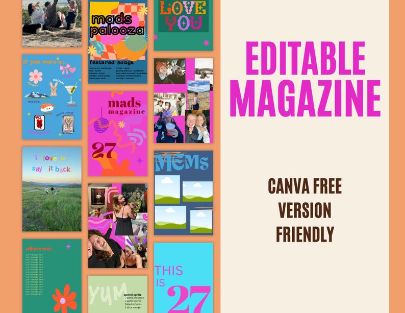 以下が含まれることがあります： ピンクとブルーのカラーテーマのデジタル雑誌テンプレート。このテンプレートはCanvaで使用するために設計されており、さまざまなレイアウトとグラフィックを備えています。「EDITABLE MAGAZINE」というテキストは、大きなピンクの文字で表示されます。「CANVA FREE VERSION FRIENDLY」というテキストは、茶色の文字で表示されます。