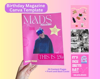 Modèle CANVA de magazine d’anniversaire Rose Funky Thème Magazine d’anniversaire DIY Magazine Canva personnalisable pour petite amie, meilleure amie, cadeau de sœur