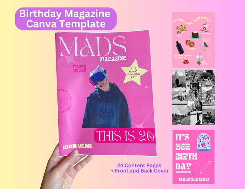 Verjaardagstijdschrift CANVA-sjabloon Roze Funky Thema Verjaardagstijdschrift DIY Aanpasbare Canva Magazine voor vriendin, beste vriend, zustercadeau afbeelding 1